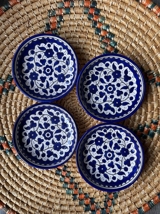 Palestine Pottery Round flat edged Plates 13 cm set of 4 Ceramic Handmade in Palestine خزف مصنوع في فلسطين