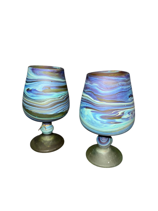 Handled Phoenician Glass Glasses – Blue Swirl Stemware, Pair of Artisan Cups made in Palestine