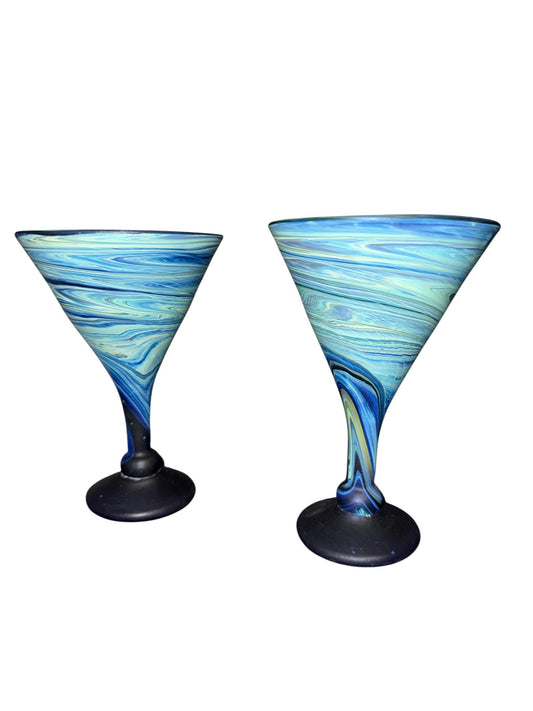 Handmade Phoenician Glass  Glasses – Blue Swirl Cocktail Stemware, Pair of Artisan Cups
