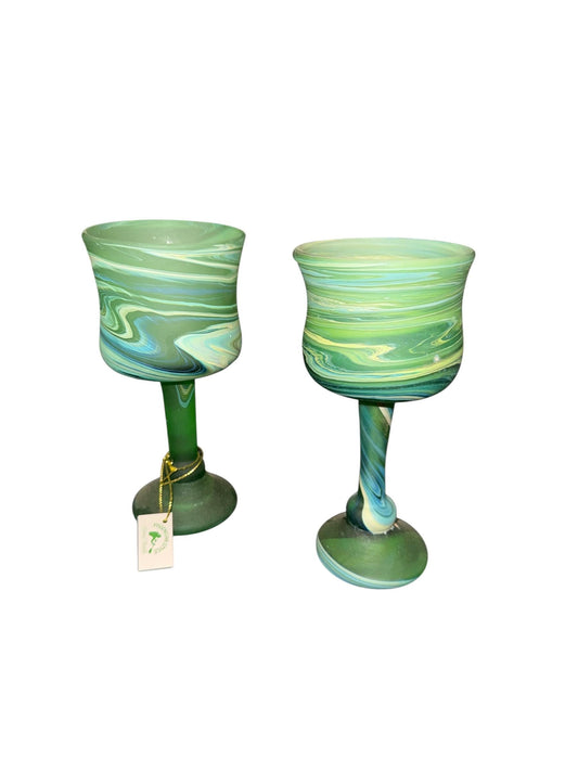Palestinian Phoenician Glass Chalices – Marbled Stemmed Cups (Set of 2)