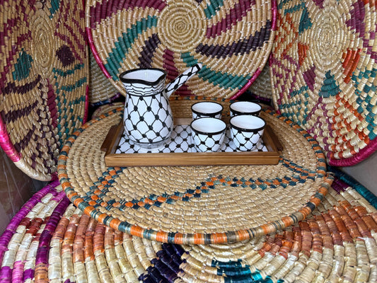 Palestinian Kuffiyeh Pottery Set of 4 cups with Pot with Tray for Coffee or Tea || Ceramic Pottery || Handmade in Palestine || خزف فلسطيني