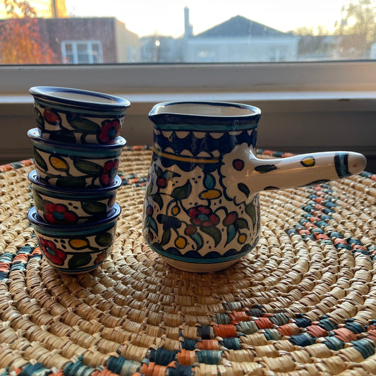 Palestinian Coffee cups set of 4 with a Pot Ceramic Handmade and Hand Painted IN PALESTINE خزف فلسطيني