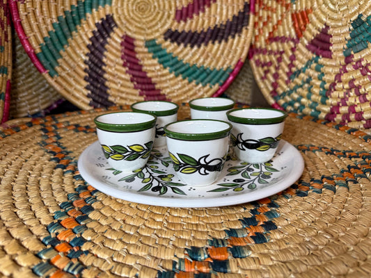 Cups set of 5 with Tray 26 cm || Olive Branch Painting || Ceramic || Handmade in Palestine
