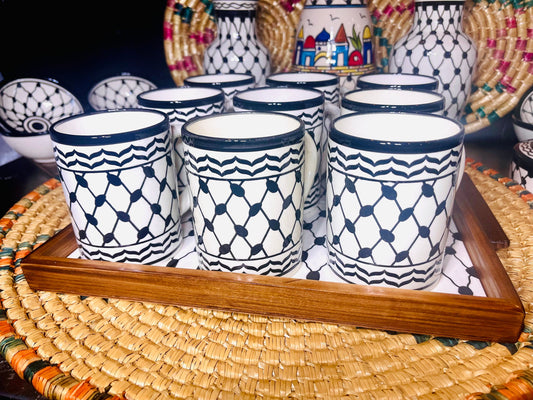Kuffiyeh Mugs Set of 9  with Tray 30x30 cm Palestinian Pottery Ceramic Handmade in Palestine خزف فلسطيني