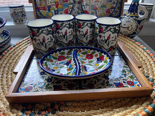Palestine Pottery Set of Mugs, Tray 30x30, and Divided Plate Ceramic Handmade in Palestine خزف فلسطيني