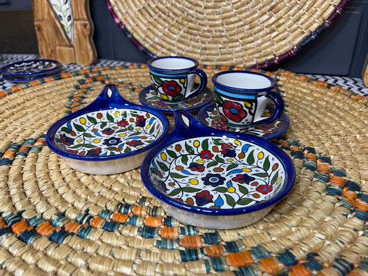Palestine Pottery Coffee Cups set of 2 Ceramic Handmade in Palestine and 2 skillet serving plates - Palestinian Pottery - خزف فلسطيني