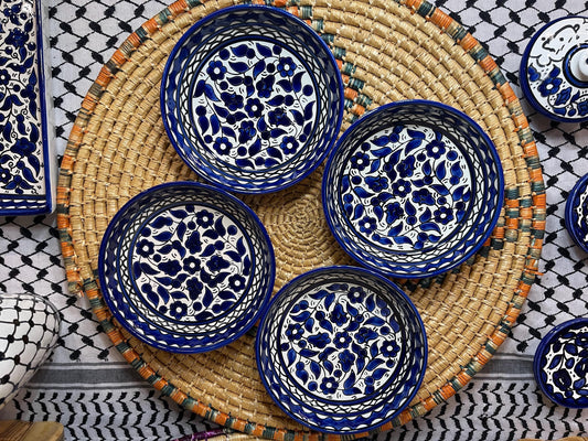 Set of 4 Pottery Flat Bowl Blue Floral 18 cm Design Handmade