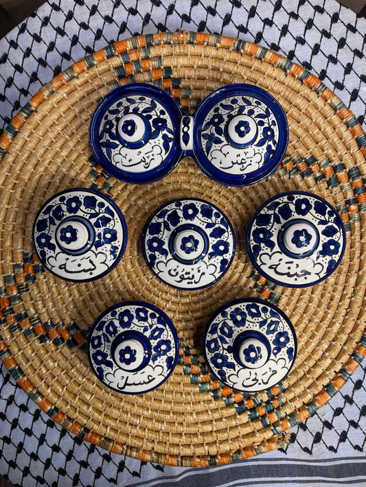 Breakfast Set multicolored Zeit & Zatar and Zaytoon Bowl Ceramic Handmade and Hand Painted Made in Palestine زيت وزعتر وزيتون خرف فلسطيني