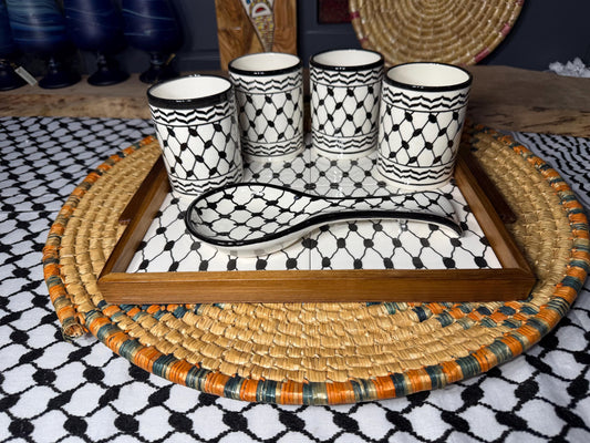Palestinian Kuffiyeh Mugs Set with Tray and Spoon Rest | Ceramic Pottery Handmade | Made in Palestine