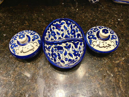 Palestinian Pottery Breakfast Set Blue Jibneh & Labaneh Bowls and Oval Bowl Ceramic Handmade and Hand Painted Made in Palestine
