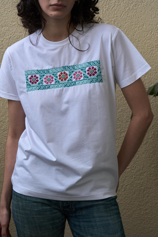 Boqaa T-Shirt || Fairouz Pattern || Hand Stitched on White || Palestinian Embroidery || Made in Al-Baq'a Palestinian Refugee Camp