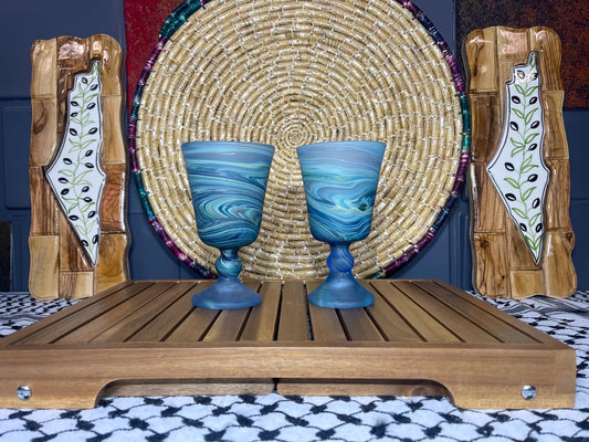 Set of Two Phoenician Glass cups Blue Marble Handmade in Palestine