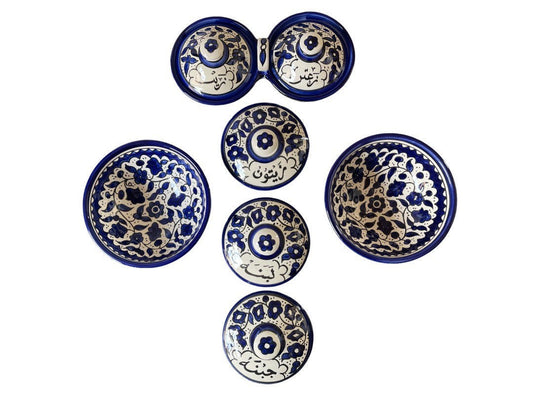 Breakfast set of Zeit & Zatar, Jibnah,Labana, Zaytoon, and two 13 cm bowls Handmade and Hand Painted Palestinian Pottery