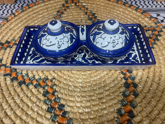 Palestinian Ceramic Zeit & Zatar bowls and long serving plate floral blue design Hand Painted and Handmade in Palestine