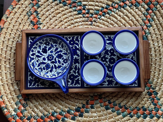 Palestinina Coffee cups set of 4 with a Pan Plate and Tray 30x15 Cm wooden Frame Ceramic Handmade and Hand Painted in PALESTINE