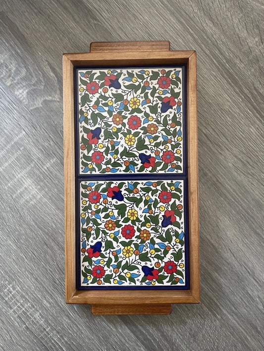 Palestinian Pottery Ceramic Tray 30x15 cm Handmade and Hand Painted in Palestine Wooden Frame خزف فلسطيني