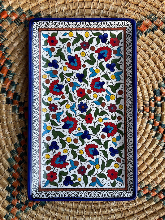 Tray | Rectangular Platter Palestine Pottery Ceramic Handmade & Hand Painted Blue 32x20 cm Made in Palestine خزف فلسطيني